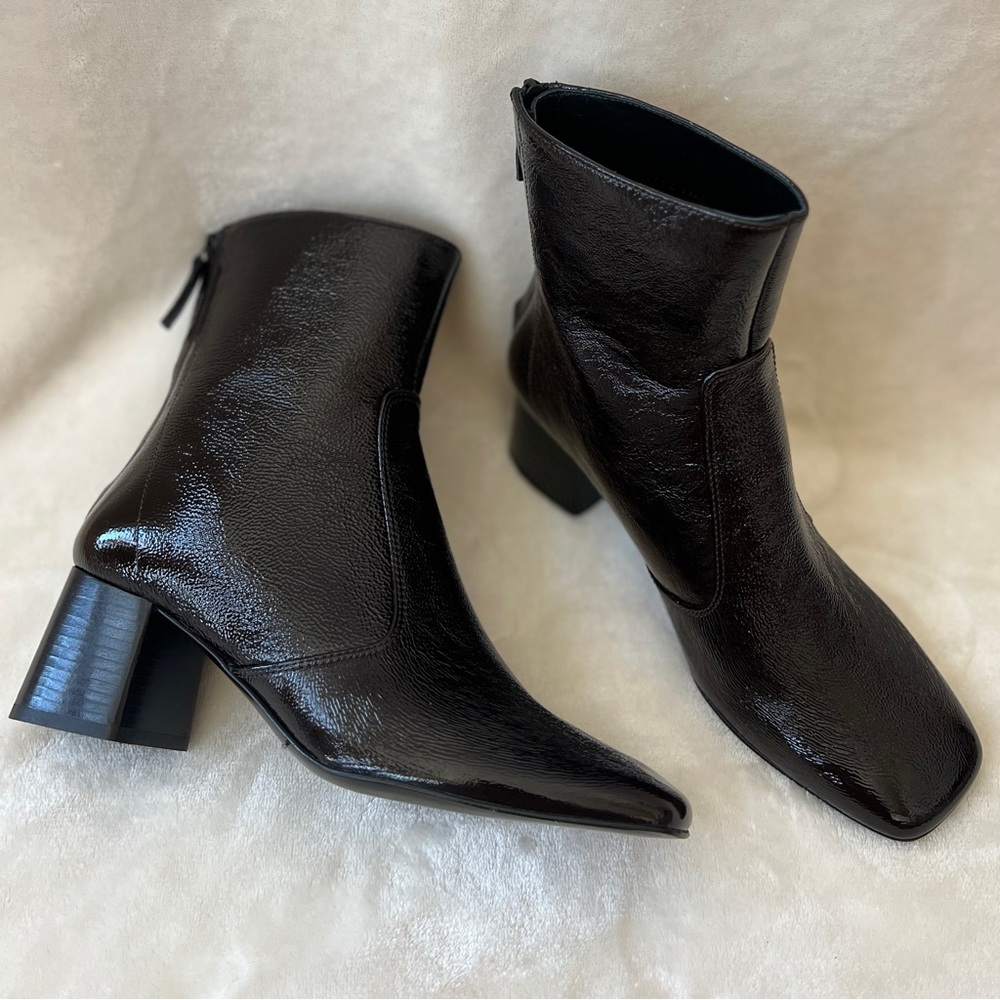 NEW Sandro Size 38 Womens 8 Glossed Patent Leather Deep Brown Ankle Boots - Picture 6 of 8